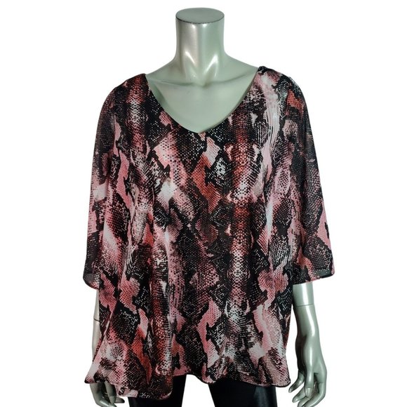 JLO Jennifer Lopez Top Plus Size 0X Snake Print Layered Stretch 3/4 Sleeve Pink - Picture 1 of 6